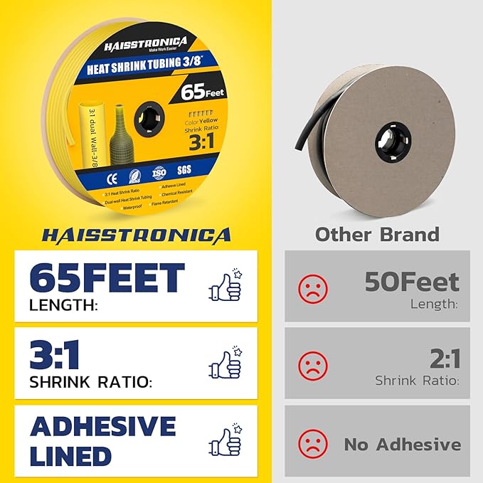 haisstronica 3:1 Heat Shrink Tubing, Shrink Ratio Adhesive Lined Marine Grade Heat Shrink Tube for Home, Automotive and Industrial (Yellow) 65FT 3/8inch