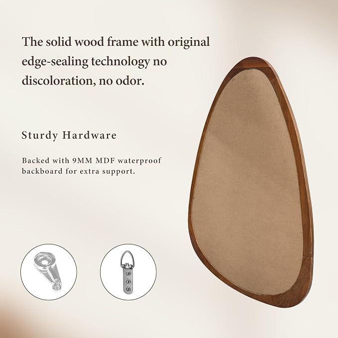 30''x20'‘Asymmetrical Mirror with Wood Frame, Small Irregular Wall Mirror Odd Shaped Mid Century Modern Mirror Decor for Bedroom Living Room Entryway Hall