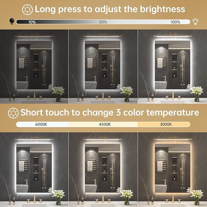 LOVESPEJO 22"x30" Backlit Mirror Bathroom, Lighted Bathroom Mirror with Lights, Fogless, Dimmable, 3 Color Changing, Shatterproof, Horizontal/Vertical（no Motion Sensor）