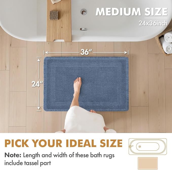 MIULEE Set of 2 Waffle Bathroom Rugs, Boho Bath Rug Super Absorbent, Non Slip Washable Ultra Soft Rubber Backed Shower Bath Mats for Floor, Tub, Shower, Looped Design, Blue, 24x36 Inch