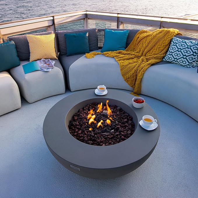 Elementi Lunar Bowl Concrete Fire Pit 42" x 42" Outdoor Patio Firepit Includes Lava Rocks Modern Fire Pits & Outdoor Fireplaces for Garden, Deck, Indoor & Outdoor Heating