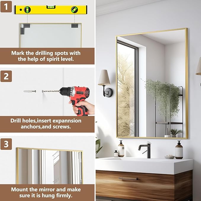 Gold Bathroom Mirror, 30"x36" Rectangle Mirror, Brushed Gold Mirror, Metal Frame Square Corner Vanity Mirror, Wall Mounted Mirror for Modern, Living Room, Bedroom, Horizontal Or Vertical