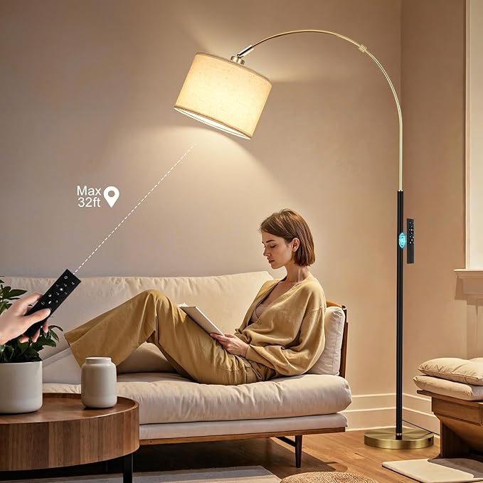 Ambimall Dimmable Arc Floor Lamp with Remote, Color Temperatures and Brightness Adjustable, Arched Floor Lamp with Rotating Head, Over Couch Arched Reading Light for Living Room (Black and Bronze)
