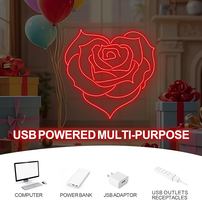 Heart Rose Neon Sign, Heart Rose Led Sign, Wedding Wall Decor, Valentine'S Day Decorations Gifts for Lover,Bedroom Bar Living Room Party, Wedding Anniversaries Party, Marriage Proposal