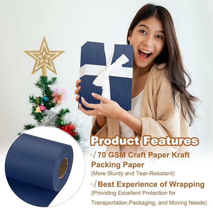 PATIKIL Wrapping Paper, 15" x 800"(66') 70 GSM Craft Paper Roll Kraft Packing Paper for Poster Bulletin Board, Gift Wrapping, Navy Blue