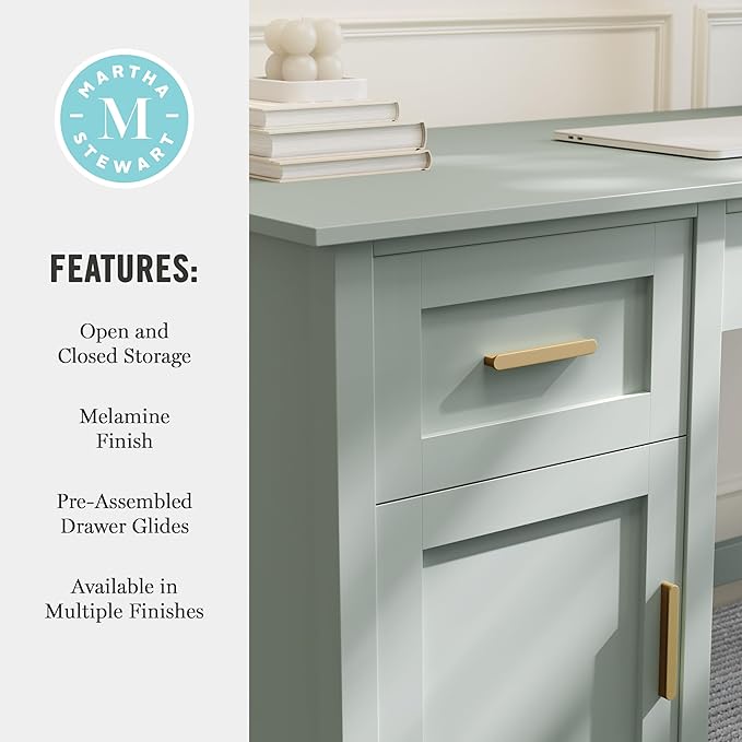 Martha Stewart Hutton Shaker Style Home Office Desk with Storage in Sage with Polished Brass Hardware