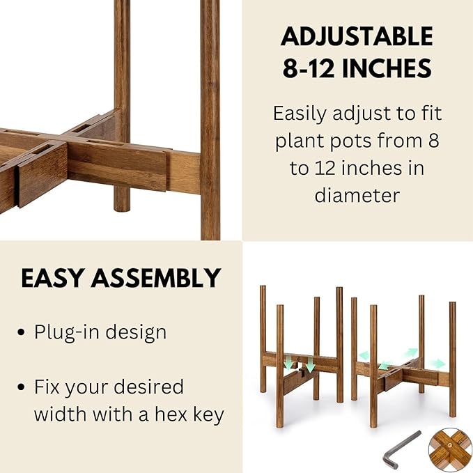 Fox & Fern Adjustable Plant Stand Indoor — 8 to 12 Inch Premium Mid Century Bamboo Plant Stand with Adjustable Width; Plug In Design; Easy to Assemble; Two Heights - For 8, 9, 10, 11 & 12 Inch Pots