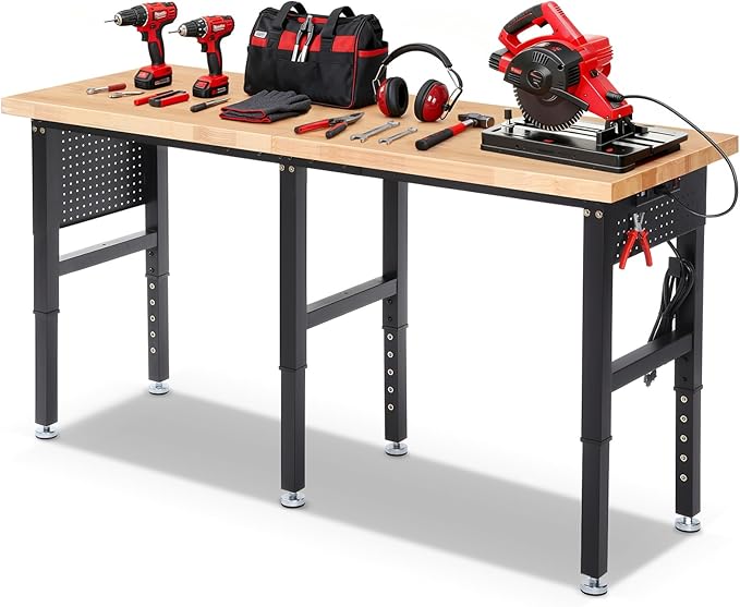 Workbench 72 x 24 Inch Heavy Duty Adjustable Height Work Table with Power Outlets & Extended Pegboard 5000 lbs Load Capacity for Garage, Workshop, Home, Office