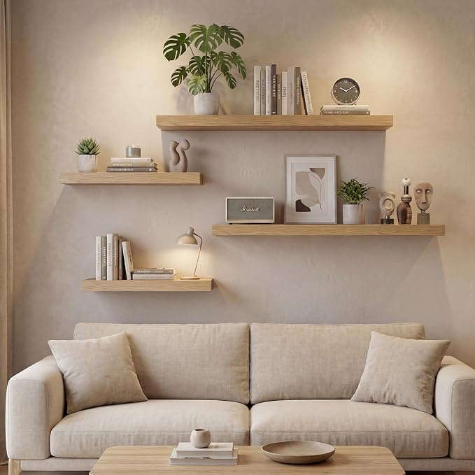 Oak Floating Shelves Set of 2，35.43in Wall Mounted Display Ledge Shelves for Bedroom, Bathroom, Living Room and Kitchen Decoration Storage