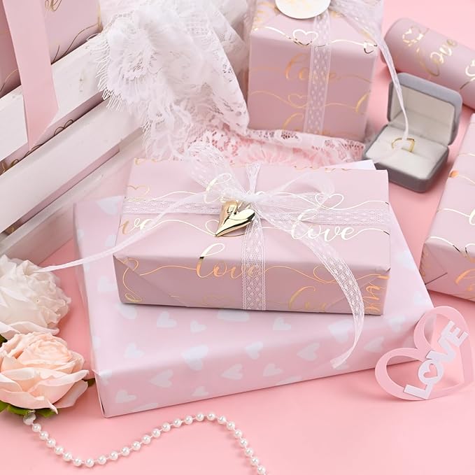 Burymento Pink Love Wrapping Paper, Reversible Pink Heart Gift Wrap for Birthday, Valentines, Mothers day, Graduation, Wedding, Fathers day, Baby Shower, Christmas (17in x 32.8ft)