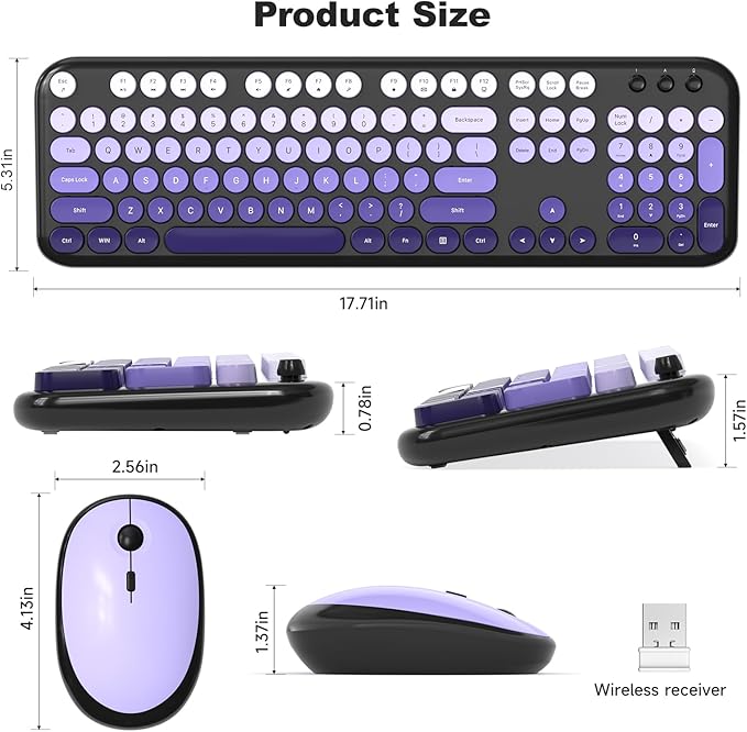 Wireless Keyboard and Mouse Combo, MOWUX Colorful Computer Full Size 2.4G Plug and Play Wireless Typewriter Keyboard and Mouse Set for Computer, Desktop, PC (Black Purple Gradient)