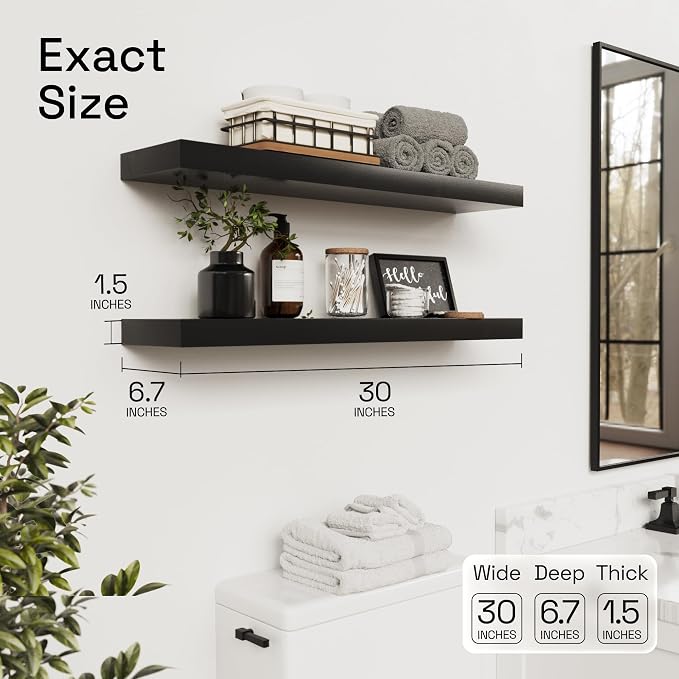 BAOBAB WORKSHOP Solid Wood Floating Shelves for Wall 30 Inches Long, Real Wooden Bathroom Shelf Large, Heavy Duty Wall Shelves Mounted Kitchen Bedroom Farmhouse, Black Shelf, 30W × 6.7D, Set of 2