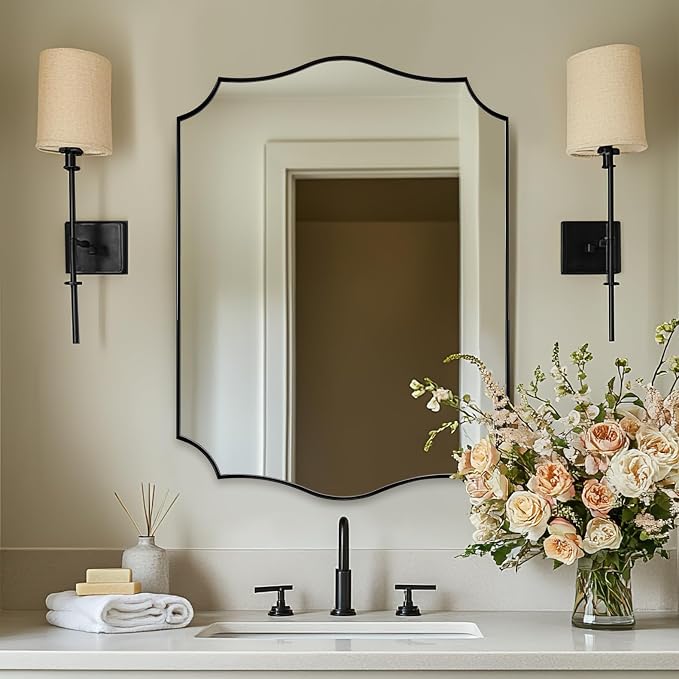 ANDY STAR Matte Black Mirror, 24x36 Inch Scalloped Bathroom Mirror, Unique Wavy Rectangle Mirror in Stainless Steel Metal 1” Frame, Wall Mount Vertical or Horizontal