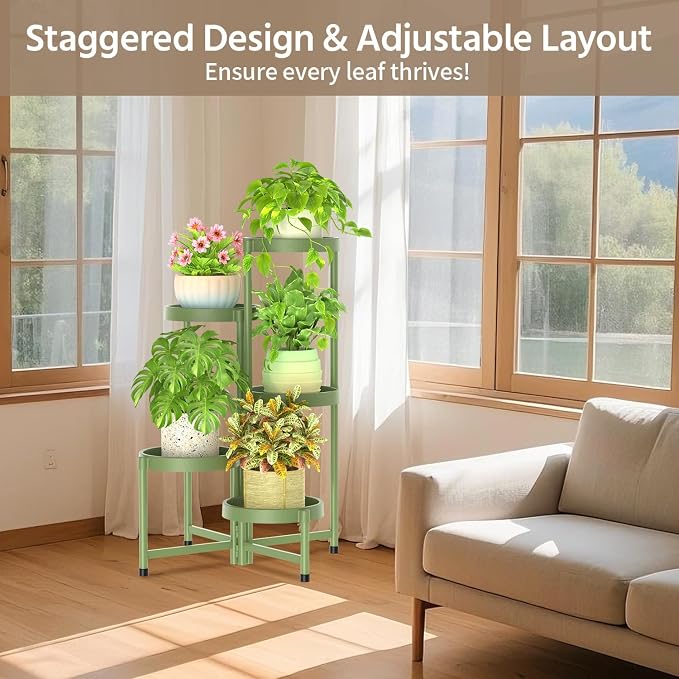 LASZOLA 5 Tiered Plant Stand Indoor Outdoor with Plastic Tray, Corner Folding Tall Flower Display Rack, Modern Plant Holder Shelf for Outdoor Patio Porch Garden Office Living Room, Green