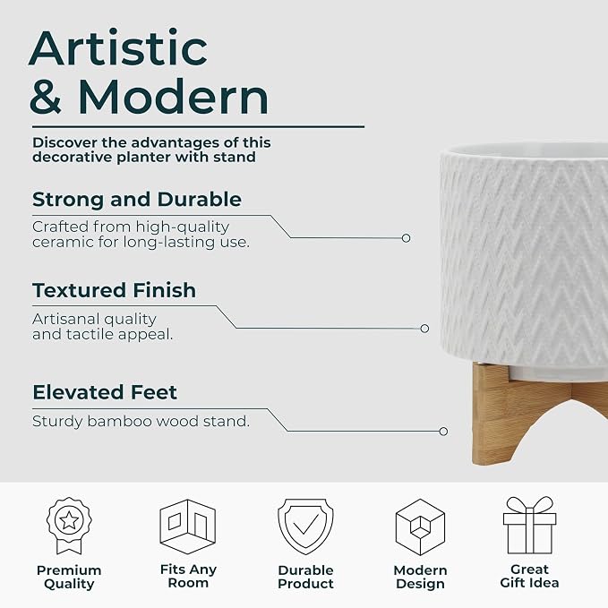 Modern Ceramic Planters with Wood Stand for Home Decor Elegant Flower Pots for Entryway, Garden, and Patio - Decorative Raised Container for Indoor and Outdoor Plants - 10", White & Tan