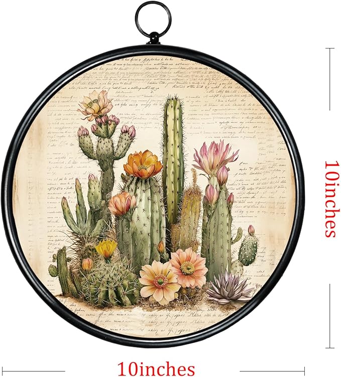 XIAOAIKA Round Vintage Wall Hanging Decor, Printed Textured Surface with Wood Back, Cactus Design, Black Metal Frame, Ready to Hang for Living Room Bedroom, 10 Inch