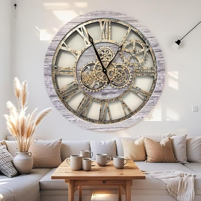 ImprovingLife The Gears Clock The Original Real Moving Gear Wall Clock Vintage Industrial Oversized Rustic Farmhouse (24 inch (60cm),Silver Grey)