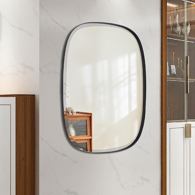 POZINO Beveled Bathroom Mirror, 24"x32" Matte Black Vanity Mirror for Over Sink, Modern Rectangle Wall Mirrors for Entryway Hallway Bedroom Living Room, Hangs Vertically or Horizontally