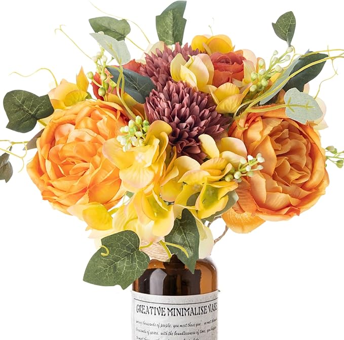 ASTRYAS 2 PCS Fall Peonies Artificial Flowers Bouquet, Yellow Fake Roses Silk Mums Fall Floral Arrangements for Autumn Home Decor Indoor Table Centerpieces Decoration