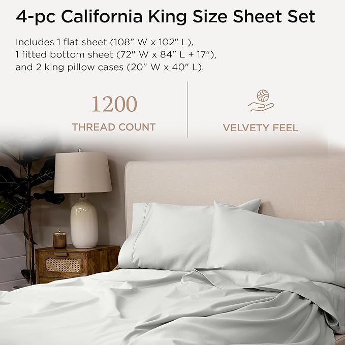 Threadmill Supima Cotton Sheets, 1200 Thread Count Soft 100% Cotton Sheets for Cal King Size Bed, 4 Pc Light Grey Cal King Bed Sheet Set, 5-Star Hotel Quality with Elasticized Deep Pocket King Sheet