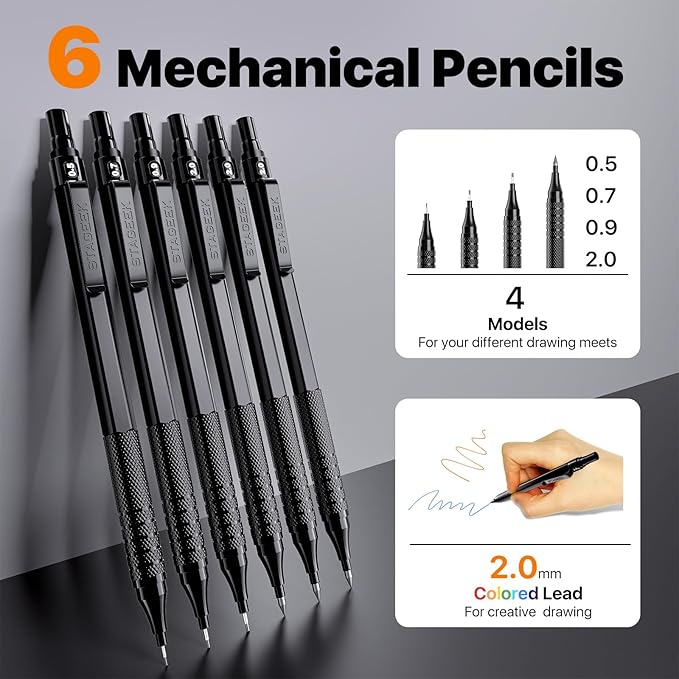 STAGEEK 35PCS Black Art Mechanical Pencil Set in Case，0.5 0.7 0.9 2.0 Graphite Metal Drawing Drafting Pencils, Sharpener Erasers 384PCS Lead Refills (6B 4B 2B HB 2H 4H Colors) for Writing Sketching
