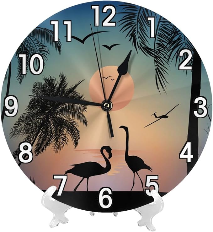 Flamingos Walking On The Sea Beach Wall Clock Battery Operated Silent Non Ticking Round Clock Wall Decor for Home Kitchen Living Room 9.8 Inch
