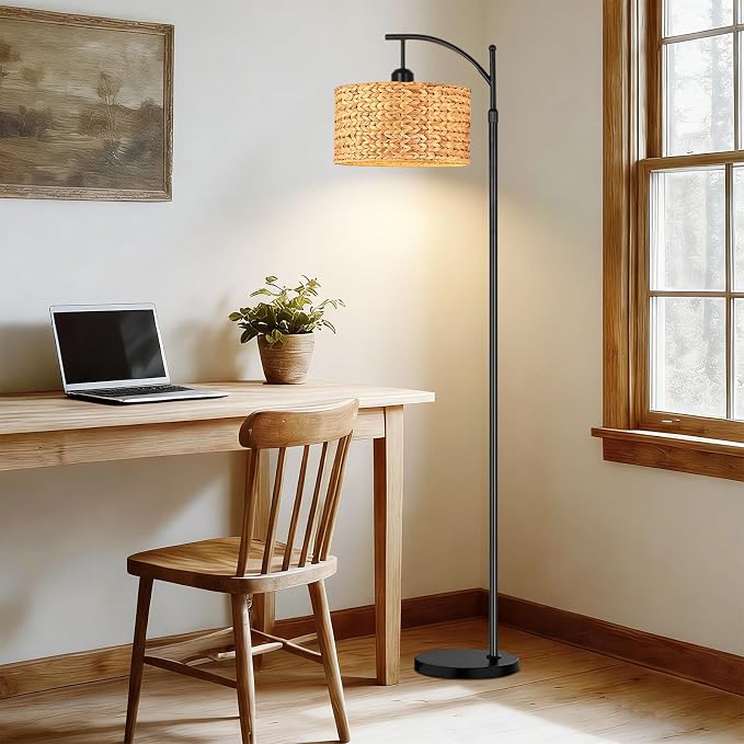 QIYIZM Floor Lamp for Living Room Bedroom Farmhouse Arc Rattan Boho Standing Lamp with Remote Dimmable Black Wicker Bamboo Lamp Shade Floor Light Adjustable Tall Lamp Industrial Floor Lamps Bohemian
