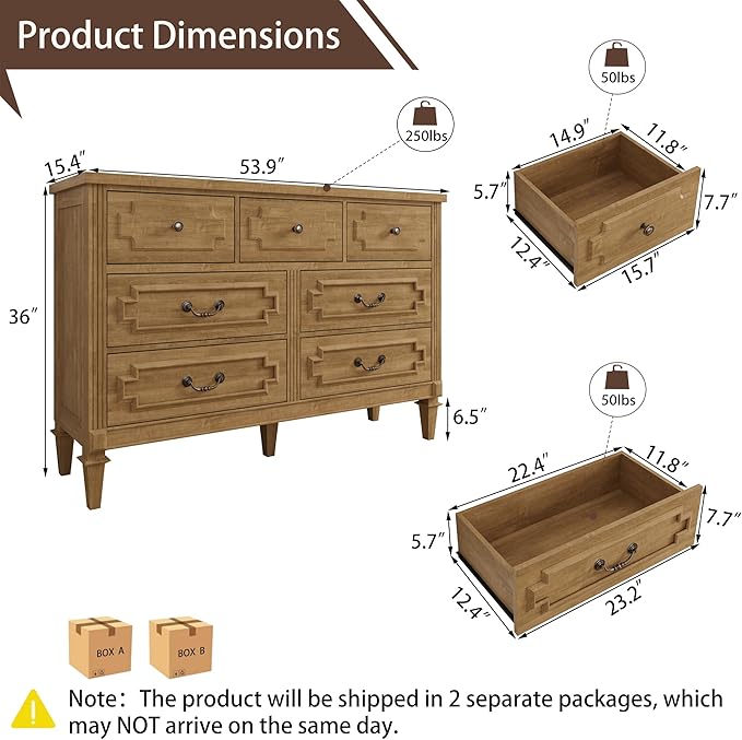 BLANKSPACE 7 Drawer Dresser for Bedroom, 36" Tall Dresser & Chest of Drawers wtih Vintage Surface, Closet Storage Cabinet for Living Room, Hallway, Natural Oak
