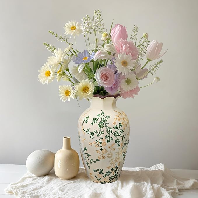 Vintage Ceramic Flower Vase Home Decor - Tabletop Rustic Tall Vase for Decor Living Room Bookshelf Office Kitchen Farmhouse Cottage, White Vases for Bouquet, Ruffled Rim | Grand Millennial | 9.1inch