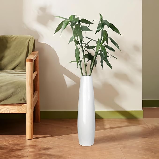 White Ceramic Floor Vase 17.7 Inches Tall Flower Holder Decorative Large Vases for Table Centerpieces Shelf Home Decor Living Room Branches Sky-Dried Flower Arrangement Simple Decorative