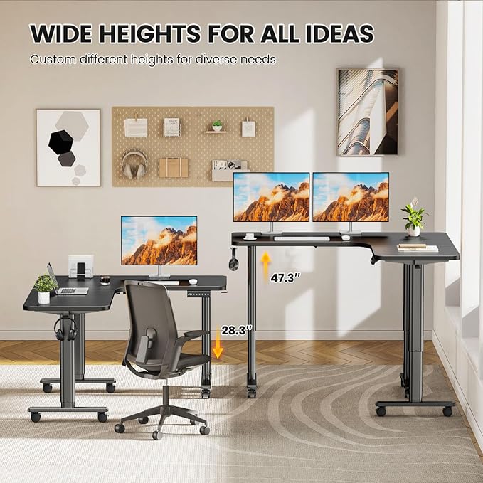 Flycity Electric L Shaped Standing Desk Adjustable Height, 63" x 55" Corner Stand Up Desk, Dual Motor Sit Stand Desk Computer Desk, Home Office Desk with 3 Memory Preset & Child Lock, Black