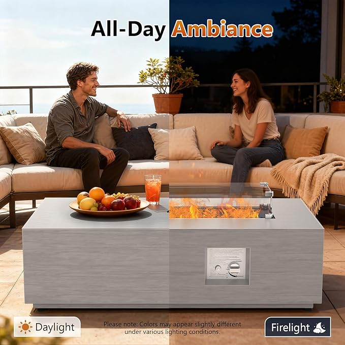 2-Piece 42" Rectangular Propane Fire Pit for Outside Patio with Hidden Tank Table, 50,000 BTU Fireplaces with Glass Wind Guard, Lid, Glass Rocks, Cover(Light Grey)
