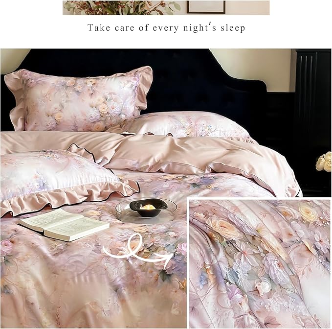HighBuy Pink Floral Ruffle Duvet Cover Set Twin,Ruffle Comforter Cover Chic Cottagecore Brushed Cotton Breathable for Teen Girls,3 Piece Farmhouse Bedding Set(1 Duvet Cover,2 Pillowcases)