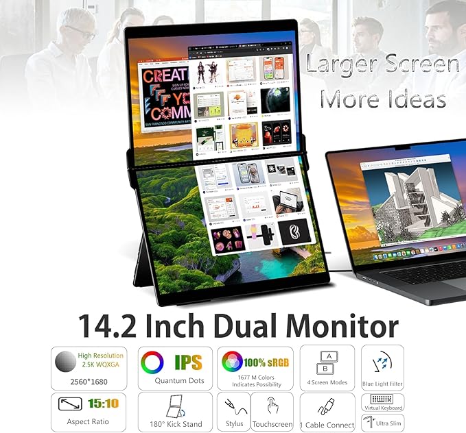 EHOMEWEI X2 Air Touchscreen Portable Dual Monitor 2.8K 90Hz QLED with Stylus Pen 14.2“*2 IPS 2520 * 1680 Display, 400 Nit Brightness 1500:1, 100% sRGB, for Office/Home/Travel Laptop Extender Screen