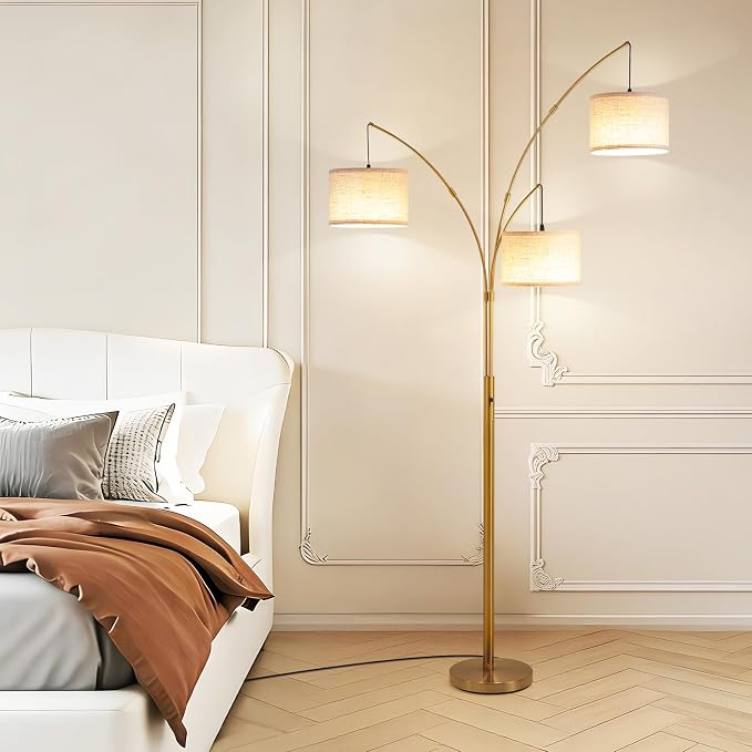 Netin Gold Floor Lamp, Arc Floor Lamps for Living Room Bright Lighting, 3 Light Dimmable Floor Lamp with Remote Control, 3 Color Temperature, Tree Floor Lamp for Bedroom Office