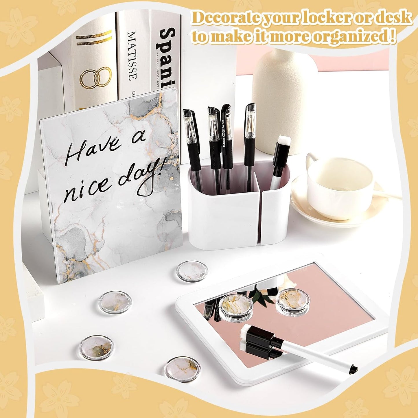 Skiennix School Locker Accessories Kit - 11 Pcs Magnetic Decor with Marble Print Whiteboard & Mirror