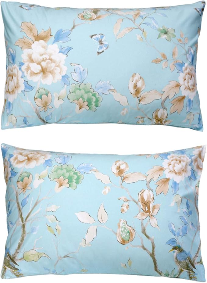 FADFAY Floral Bedding Shabby Blue Bird Print Bed Sheet Set Luxury Bedding Collections 800 Thread Count 100% Egyptian Cotton Deep Pocket, 4 Piece-King Size