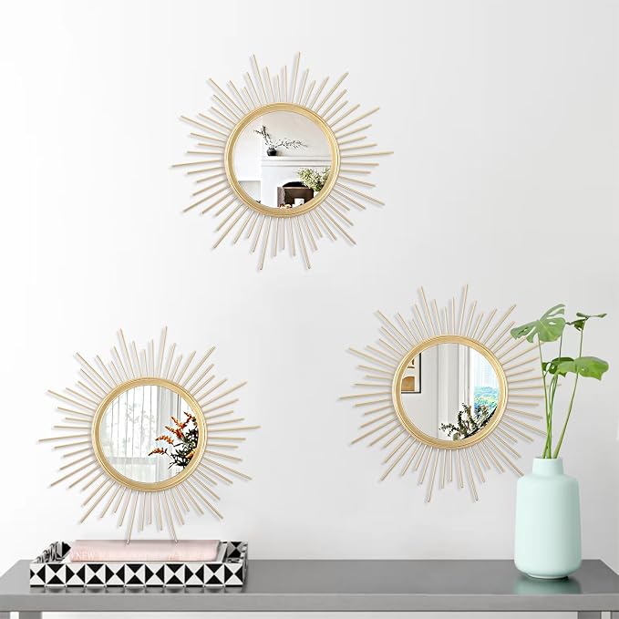 3 Pack Metal Mirrors for Wall Gold Sunburst Wall Mirrors Home Décor Art Decorative Modern Bohemian Hanging Wall Art for Living Room Bedroom Bathroom Entryway Small 12''