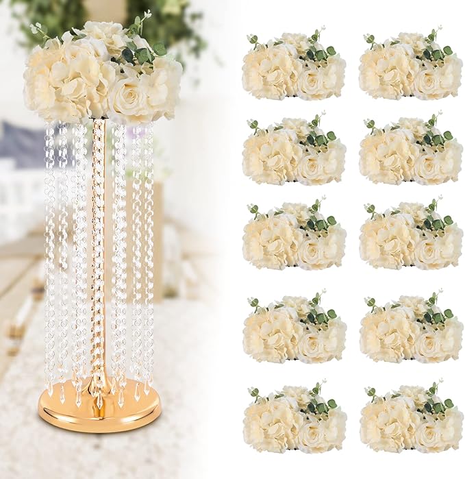 10 PCS Flower Ball Arrangement Bouquet, 11.8inch Diameter Flowers Centerpieces, Champagne Fake Floral Roses Balls Tabletop Decoration for Wedding Centerpieces, Party Decor