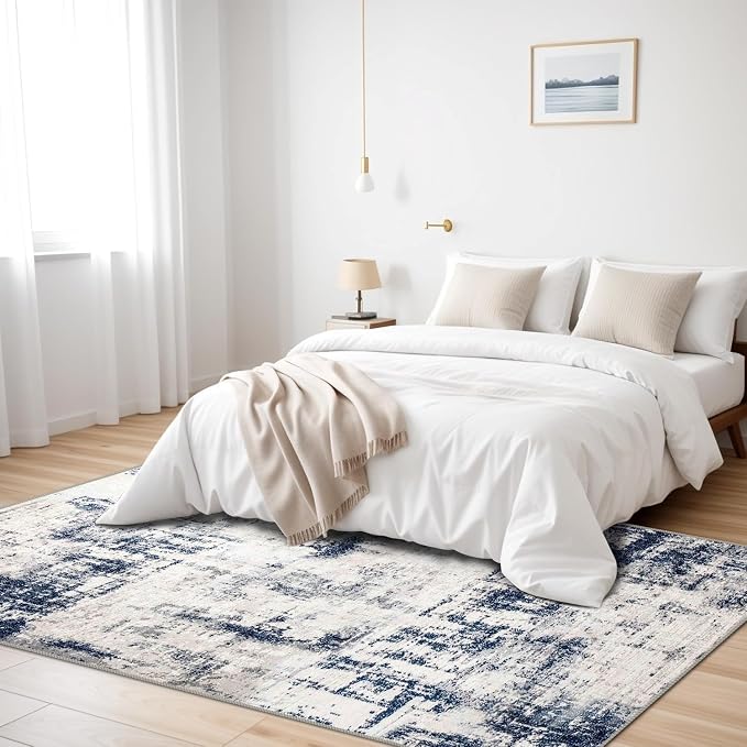 3x5 Rug, Small Area Rug for Living Room, Bedroom, Kitchen, Machine Washable Non-Slip Throw Rug, Modern Abstract Carpet for Entryway Nursery Coffee Table, Ivory Navy