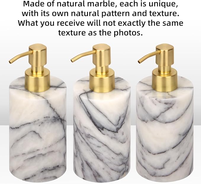 Natural Marble Soap Dispenser for Bathroom and Kitchen Countertop - 5.41 Ounces Hand Lotion and Liquid Stone Shampoo Laundry Bottle with Pump (1, Lilac, Cylindrical Bottle)