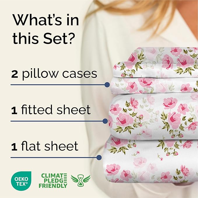 Floral Sheets - Pink Floral Bed Sheet Set - 1 Flat, 1 Fitted & 2 Pillowcases w/ Deep Pockets - Comfy, Wrinkle & Fade Free - Boho Botanical Bedding - Ultra-Soft, Breathable & Cooling - Queen Size Set
