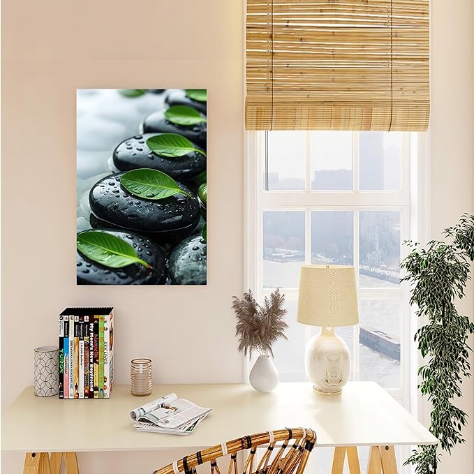 Glittering black stone cluster with fresh green leaves and water drops poster tranquil mist rain wall art zen wall art suitable for modern minimalist home decor 16x24in Frameless