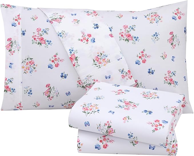 RUVANTI 100% Cotton King Size Sheets Set, 4 Pieces, Soft & Breathable Percale Weave Bedding, Deep Pocket 16", Hotel Standard, Crisp Cool Feel, Durable, Perfect Floral Bed Sheet, Funa Flora