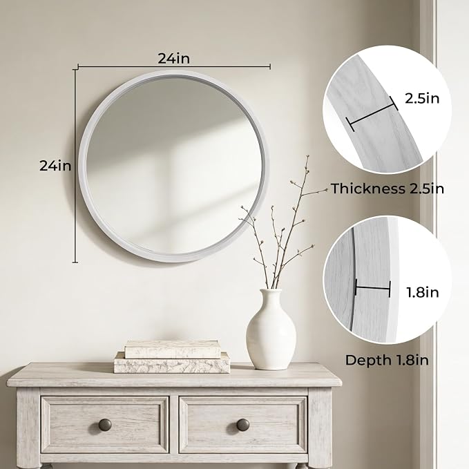 WallBeyond 24 Inch Round Wood Mirror, Circle Wooden Frame Wall Mirror for Bathroom, Living Room, Bedroom, Entryway (White)
