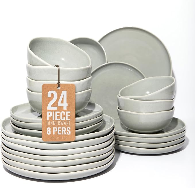 Pokini Large Holiday Dinnerware Sets for 8, Ceramic Plates and Bowls Set, Kitchen Dish Set, Microwave & Dishwasher Safe Dishware, Perfect for Christmas & Thanksgiving, Gray Green