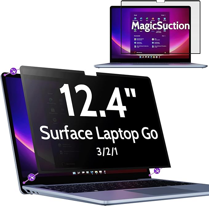 Peslv Privacy Screen for 12.4 Inch Surface Laptop Go 3/2/1, MagicSuction™ Removable Anti Spy Black Protector, Glare Blue Light Filter for Microsoft Laptop Computer Monitor