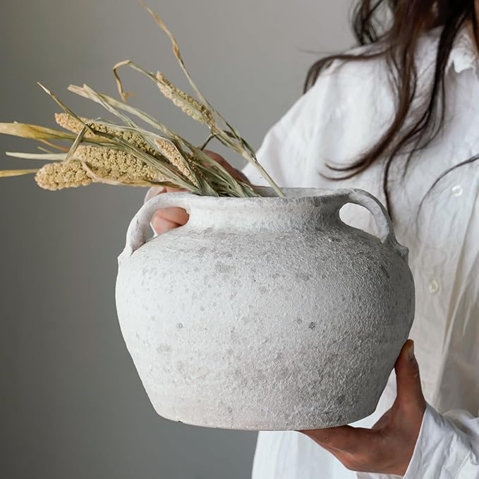 Rustic Terracotta Handle Flower Vase, Height 16.5cm/6.49in Vintage Clay Vases Farmhouse Decor, for Living Room Entryway Table Centerpiece Decor