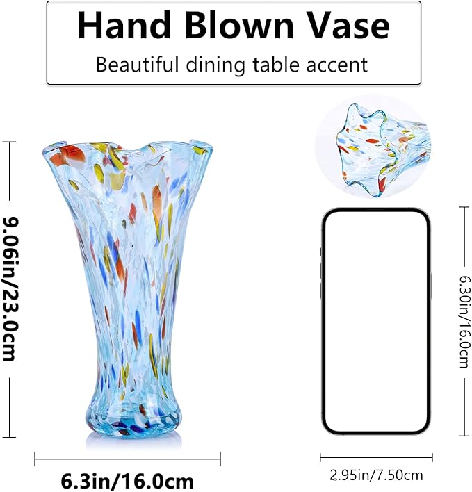 9.0" H Aqua Glass Vases for Flowers, Unique Hand Blown Glass Vase Aqua Home Decor, Wide Mouth Colorful Flower Vase Centerpieces, for Living Room Table Bookshelf, Bathroom Office Shelf Decorative