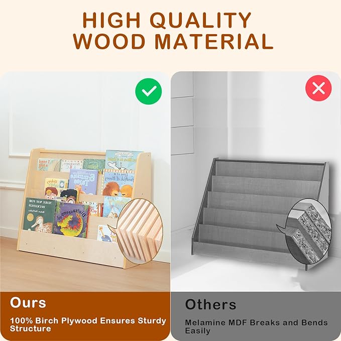 Wooden Kids Bookshelf, Montessori 4-Tier Toddler Bookcase, Birch Baby Single-Sided Book Shelf for Kids Rooms, Nursery, Bedrooms, Study Rooms